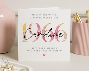 60th Birthday Card for Friend, Personalised 60th Birthday Card, Birthday Card for Her, 1966 Birthday Card