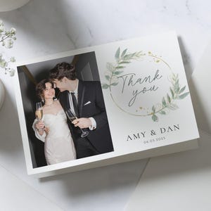 Cartes de remerciement pliées, Cartes de remerciement modernes pour mariage, Cartes de remerciement avec photo pour mariage Verdure, Cartes de remerciement simples pour mariage