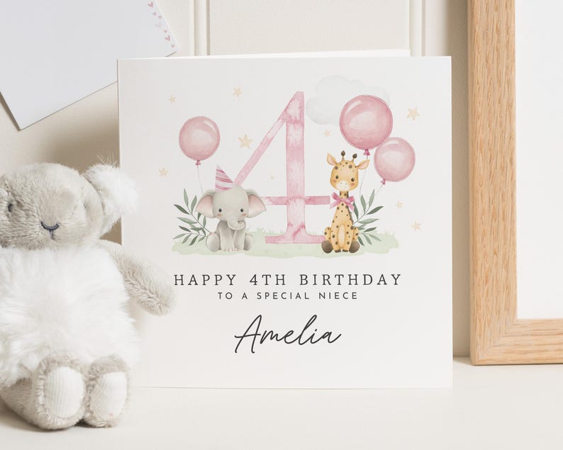 Carte personnalisée 4e anniversaire pour fille, carte 4e anniversaire nièce, cadeau de 4e anniversaire pour petite fille, cadeau de 4e anniversaire, 4e anniversaire de nièce image 1