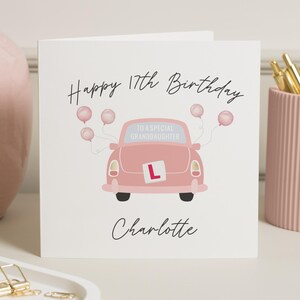 17e verjaardagskaart voor kleindochter, gepersonaliseerde verjaardagskaart, verjaardagskaart voor haar, verjaardagskaart roze auto, verjaardagskaart rijden