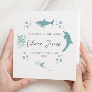 Cartão para recém-nascido, Cartão personalizado para bebê, Cartão de boas-vindas ao mundo, Cartão para bebê menino, Cartão para animal marinho, Cartão para chá de bebê, Cartão com nome personalizado