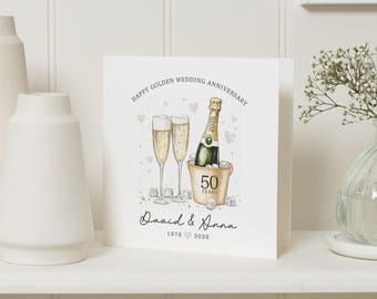 Carte d'anniversaire de mariage en or, carte du 50e anniversaire, carte d'anniversaire personnalisée, carte d'anniversaire de champagne pour couple