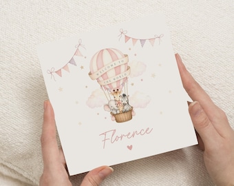 Gepersonaliseerde geboortekaart, kaart voor een meisje, welkomstkaart voor de wereld, felicitatiekaart voor een pasgeboren baby, babykaart met safari-dieren