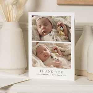 Nouvelle photo de cartes de remerciement petite fille, cartes de remerciement modifiables, carte postale de remerciement personnalisée, nouvelle petite fille, carte de remerciement