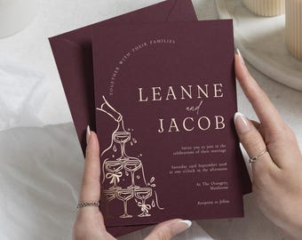 Gold Foil Wedding Invitations, Burgundy Champagne Tower Wedding Invites, Elegant Personalised Wedding Invitation