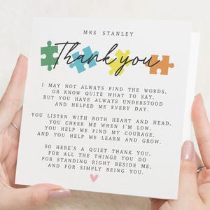 Merci carte d'enseignant SEN, carte de remerciement pour autisme, carte de poème personnalisée, carte d'enseignant ayant des besoins spéciaux, carte de fin d'année