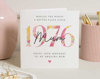 50th Birthday Card for Mum, Mum 50th Birthday Card, Personalised Birthday Card for Mum, Floral Birthday Card, Birthday Card for Her