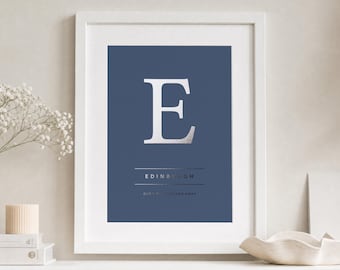 Personalised Silver Foil Initial Print, Slate Blue Wall Art, Custom Location Print, Couple Gift, Anniversary Gift, White Framed Print