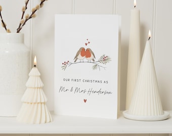 First Christmas Card, Personalised First Christmas as Mr and Mrs Card, 1st Christmas Card for Couple, Newlywed Robin Christmas Card