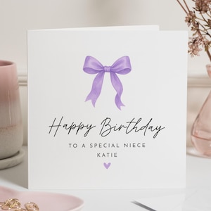 Carte d'anniversaire pour nièce, carte d'anniversaire spéciale nièce, carte d'anniversaire personnalisée pour fille, jolie carte d'anniversaire, carte d'anniversaire avec noeud violet