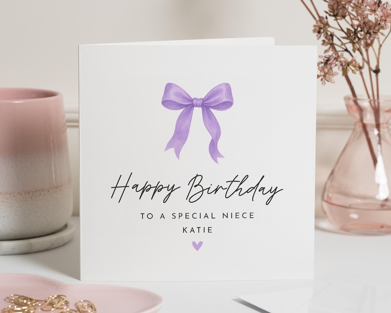 Carte d'anniversaire pour nièce, carte d'anniversaire spéciale nièce, carte d'anniversaire personnalisée pour fille, jolie carte d'anniversaire, carte d'anniversaire avec noeud violet image 1