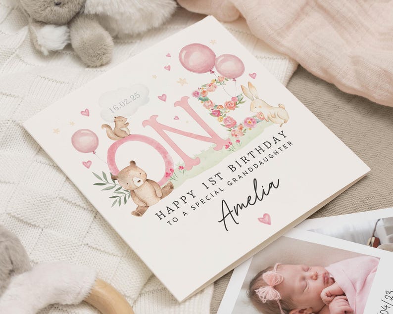 Carte de premier anniversaire pour petite-fille, carte 1er anniversaire fille, carte 1er anniversaire personnalisée, cadeau 1er anniversaire, 1er anniversaire petite-fille image 1