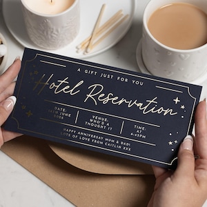 May include: A navy blue hotel reservation gift voucher with gold lettering. The text reads "Hotel Reservation" and includes details for date, venue, and time. The voucher is held by a person.