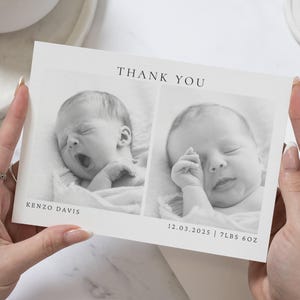 Zwart-wit gevouwen bedankkaarten met foto, nieuwe bedankkaarten babyfoto, gepersonaliseerde bedankkaart baby, aankondigingskaarten nieuwe babyjongen