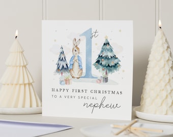 1st Christmas Card for Nephew, First Christmas Card, Baby Nephew Christmas Card, Cute Christmas Card for Boy, Rabbit Christmas Card