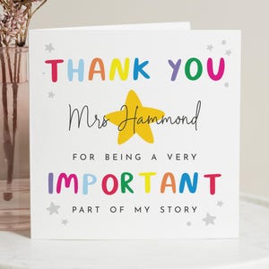 Carte de remerciement pour professeur, carte de remerciement personnalisée, carte de remerciement pour elle, carte de professeur étoile arc-en-ciel, partie importante de mon histoire