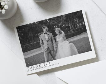 May include: Black and white wedding thank you card with a photo of a couple in formal attire. The text reads "Thank You Leanne and Richard | 26.07.2025"