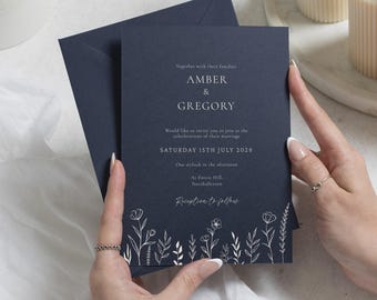 Navy Blue Wedding Invitations, Wildflower Wedding Invites, Elegant Botanical Wedding Stationery, Personalised Invitation Suite