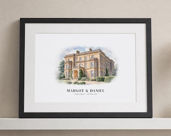 Personalised Wedding Venue Print, Custom Illustrated Venue Wall Art, Wedding Gift for Couple, Anniversary Gift, Landscape Black Framed Print