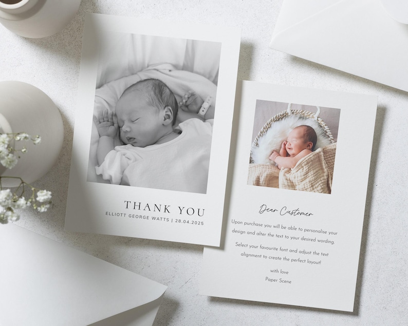 Cartes de remerciement photo noir et blanc pour bébé, nouvelles cartes de remerciement photo de bébé, carte de remerciement personnalisée bébé, faire-part de bébé image 2