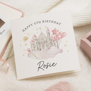 Carte de 5e anniversaire pour fille, carte d'anniversaire château de princesse, carte d'anniversaire personnalisée pour fille, petite-fille, nièce, carte de visite personnalisée