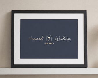 Personalised Gold Foil Couple Print, Navy Blue Wall Art, New Home Gift, Anniversary Gift, House Warming Gift, Black Framed Print