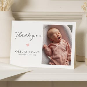 Leuke nieuwe babybedankkaarten, bedankkaarten met foto van een babymeisje, gepersonaliseerde bedankkaarten Nieuwe ansichtkaart babymeisje, babyjongen
