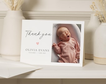 Leuke nieuwe babybedankkaarten, bedankkaarten met foto van een babymeisje, gepersonaliseerde bedankkaarten Nieuwe ansichtkaart babymeisje, babyjongen