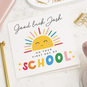 Presente personalizado de primeiro dia de aula, cartão de boa sorte no primeiro dia de aula, feliz primeiro dia de aula, boa sorte de volta às aulas, cartão especial