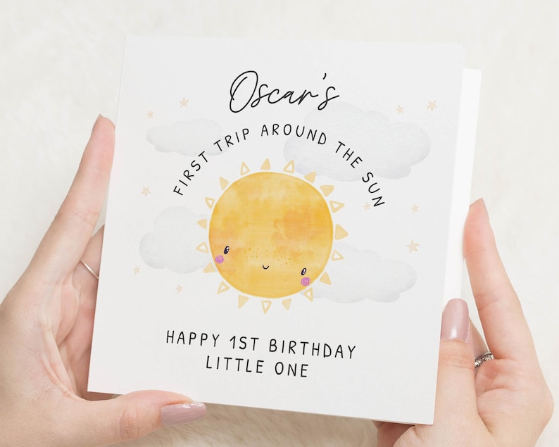 Carte personnalisée 1er anniversaire, 1er voyage autour du soleil, carte de premier anniversaire nièce, carte de 1er anniversaire pour garçon, carte de premier anniversaire neveu image 1