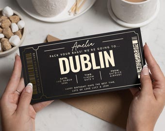 Personalised Holiday Reveal Ticket, Pack Your Bags Gift Voucher, Dublin Trip Boarding Pass, Custom Travel Gift For Her, Gift For Him