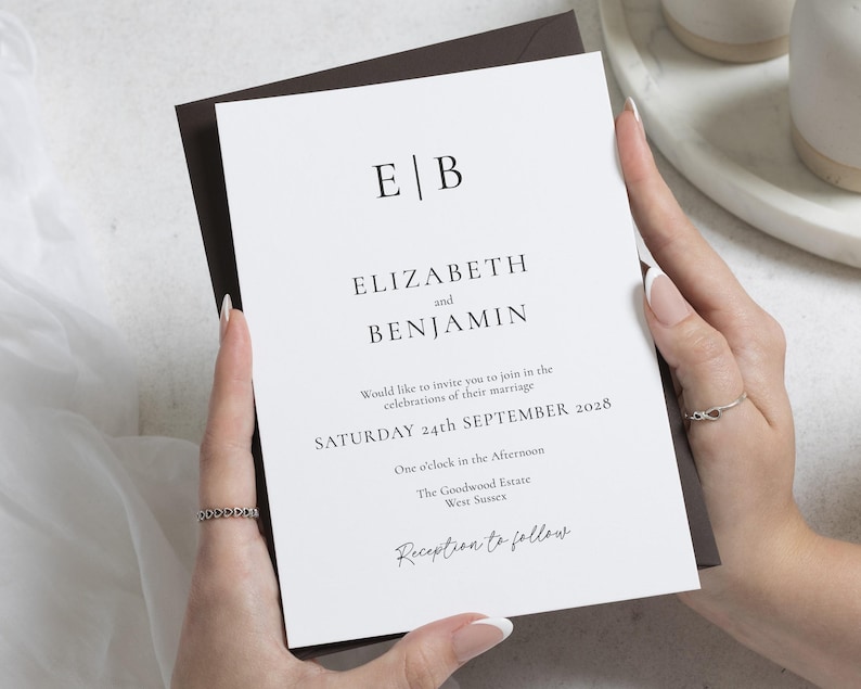 Minimalist Monogram Wedding Invitations, Elegant Black and White Wedding Invite, Simple Classic Wedding Stationery, Personalised Invite image 1