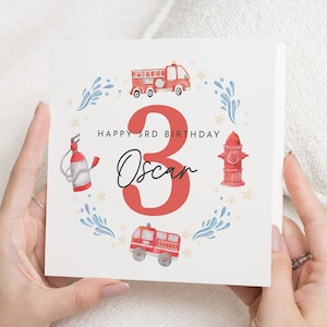 3rd Birthday Card for Boy, Personalised Fire Engine Birthday Card, Birthday Card for Son, Third Birthday Card, Fire Truck Card