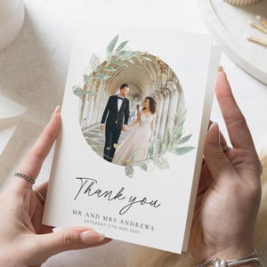 Cartes de remerciement avec photo de mariage avec photos, mariage de remerciement personnalisé, carte de remerciement modifiable, couronne de verdure, cartes de remerciement de carte postale