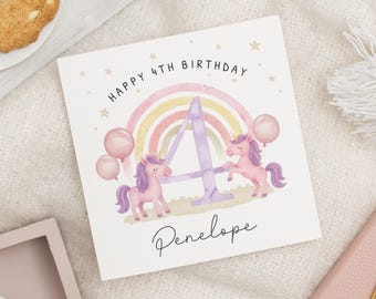 4th Birthday Card for Girl, Personalised Unicorn Birthday Card, Birthday Card for Daughter, Rainbow Birthday Card, Cute Birthday Card