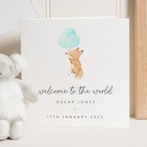 Gepersonaliseerde nieuwe babyjongenkaart, gefeliciteerd nieuwe babyjongen, Welcome To The World-kaart, Fox-babykaart gepersonaliseerd, kraamcadeau