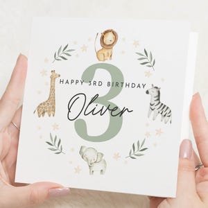 3e carte d'anniversaire pour garçon, carte d'anniversaire Safari personnalisée, carte d'anniversaire pour fils, 3e carte d'anniversaire pour fille, carte d'anniversaire animal