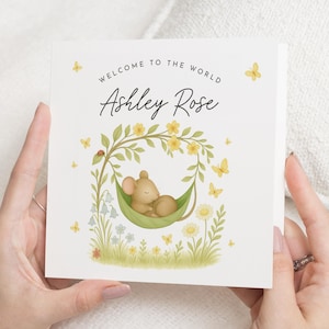 Nieuwe babykaart, Welcome To The World-kaart, gepersonaliseerde babykaart, kaart voor babymeisje, kaart met schattige dieren, kaart voor nieuwe baby, kaart voor baby, muiskaart