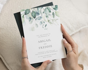 Salbeigrüne Hochzeitseinladungen, Eukalyptus Hochzeit einladen, Botanisches Grün Hochzeitspapeterie, elegante personalisierte Einladungsreihe