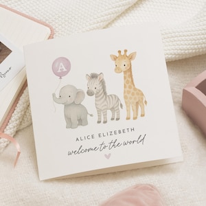 Cartão para recém-nascido, Cartão personalizado para bebê, Cartão de boas-vindas ao mundo, Cartão de animal de safári, Cartão para bebê menina, Cartão de girafa, elefante e zebra