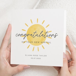 Nieuwe babykaart, gepersonaliseerde felicitatiekaart, kaart aankomst baby, aangepaste naamkaart, kaart babymeisje, kaart babyjongen, kaart zon