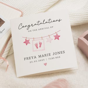Tarjeta de bebé recién nacido, tarjeta personalizada para niña, tarjeta de felicitación, tarjeta de llegada del bebé, tarjeta con nombre personalizada, tarjeta rosa para bebé, regalo para niña