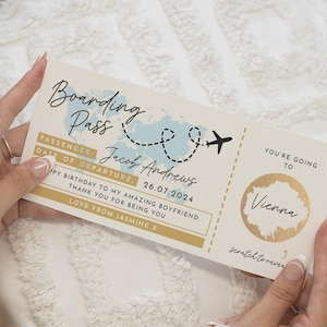 Carta d'imbarco gratta e vinci, gratta e scopri, carta gratta e vinci per le feste, rivelazione delle feste, regalo di compleanno, biglietto aereo, rivelazione del viaggio a sorpresa