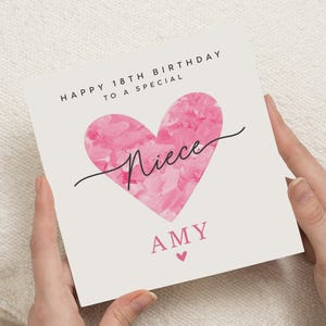 Carte d'anniversaire 18 ans pour nièce, carte d'anniversaire personnalisée pour elle, carte d'anniversaire spéciale nièce, carte d'anniversaire 18 ans, carte coeur rose