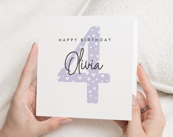 4th Birthday Card for Girl, Personalised Birthday Card, Birthday Card for Daughter, Birthday Card for Granddaughter, Age 4 Birthday Card