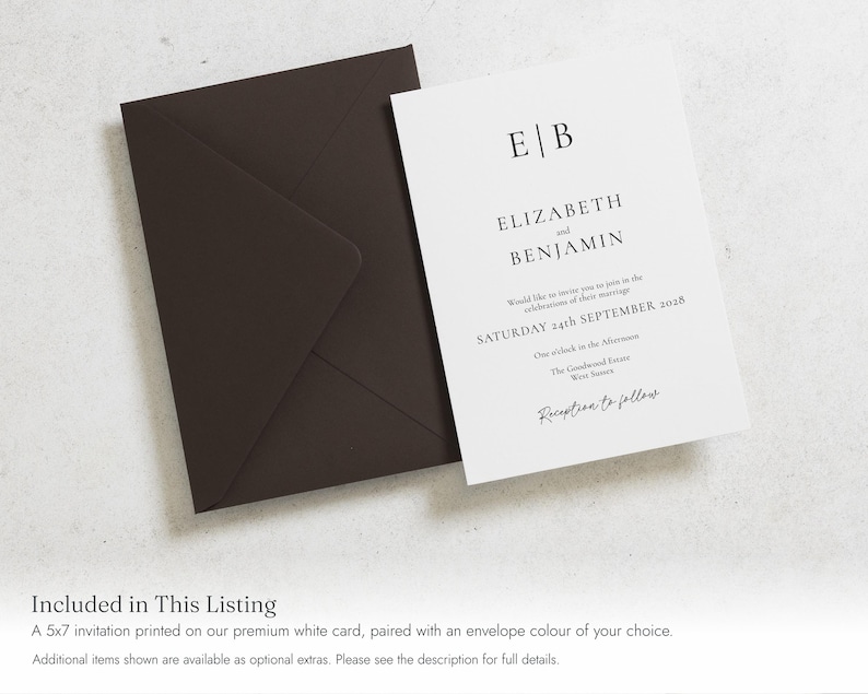 Minimalist Monogram Wedding Invitations, Elegant Black and White Wedding Invite, Simple Classic Wedding Stationery, Personalised Invite image 2
