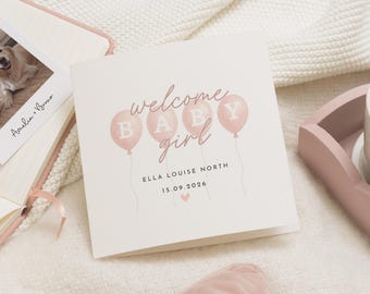 May include: A square baby announcement card with the words "welcome baby girl" in pink script and balloon graphics. The card also includes the baby's name, Ella Louise North, and the date 15.09.2026.