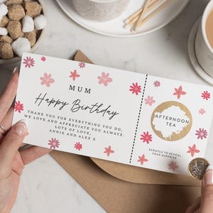 Cadeau d'anniversaire de maman, bon cadeau pour le thé de l'après-midi pour l'anniversaire d'une maman, bon cadeau à gratter pour maman, billet cadeau pour le thé de l'après-midi, bon cadeau d'anniversaire
