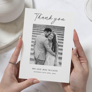 Cartes de remerciement noir et blanc pour mariage, Cartes de remerciement pliées personnalisées avec photo de mariage, Cartes de remerciement modifiables, Cartes de remerciement