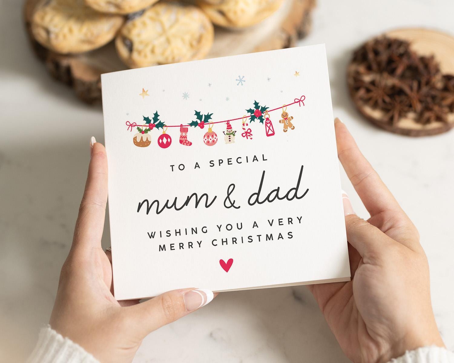 Biglietto Di Natale Per Mamma E Papà - Formato 159x184 Mm Con Busta - Illustrazione Elegante Con Lettere Metalliche E Gemme - Messaggio Caldo